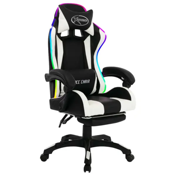 Mänguritool RGB LED-valgustusega, valge-must kunstnahk, lamamis- ja jalatoega – 2