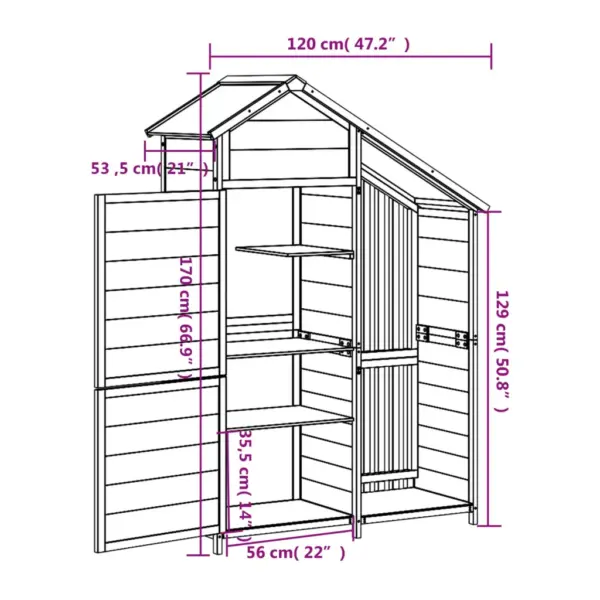 Hall-valge männipuidust aia tööriistakuur veekindla kaldkatusega, 120 x 53,5 x 170 cm – 8