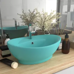 Ovaalne keraamiline valamu ülevooluga, matt heleroheline, 58,5 x 39 cm