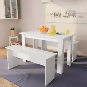 Matt valge söögilaua ja pinkide komplekt, 3 osa, tehispuit, laud 120 x 59 x 76 cm
