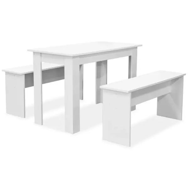 Matt valge söögilaua ja pinkide komplekt, 3 osa, tehispuit, laud 120 x 59 x 76 cm – 2