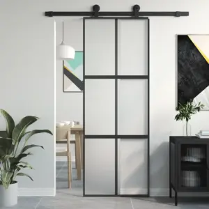 Mattklaasist lükanduks musta alumiiniumraamiga ja vertikaalse dekorribaga, 76 x 205 cm