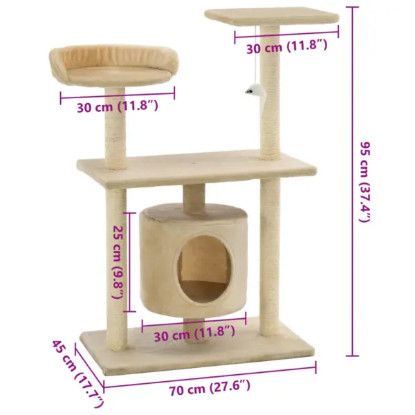 Mitmekorruseline kassimaja sisalköiega kraapimispostidega, 95 cm, beež – 8