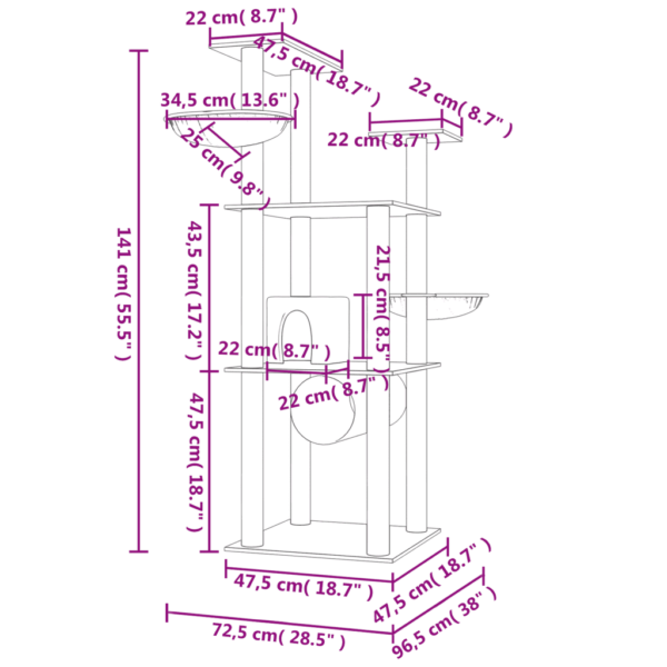 Mitmetasandiline kassipuu sisalpostidega, tumehall, 72,5 x 96,5 x 141 cm – 8
