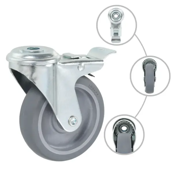 Hallid TPR mööblirattad poldiauguga, pöörlevad ja piduritega, 24 tk, 100 mm, M12 – 2