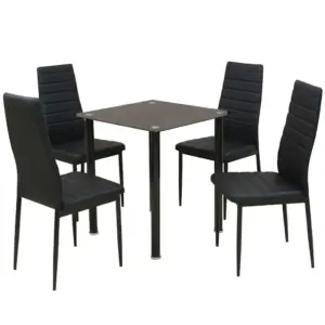 Must 5-osaline söögilaua ja toolide komplekt, karastatud klaasist lauaplaat, kunstnahast toolid, laud 70 x 70 cm