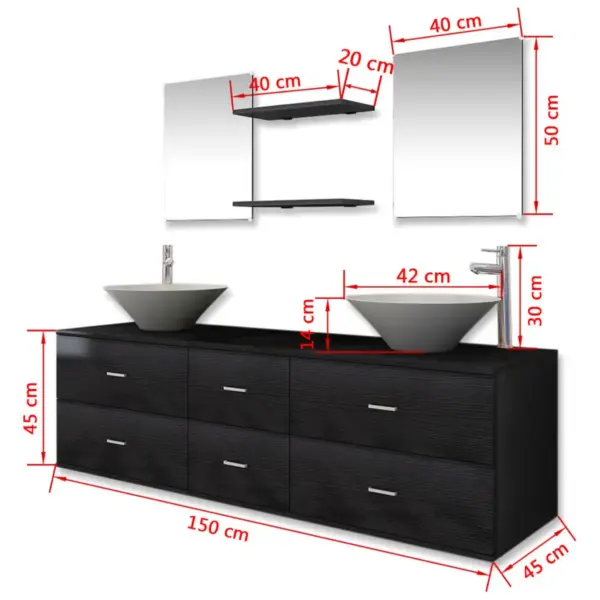 9-osaline must vannitoamööbli komplekt topeltvalamuga, seinale kinnitatav kapp 150 x 45 x 45 cm – 11