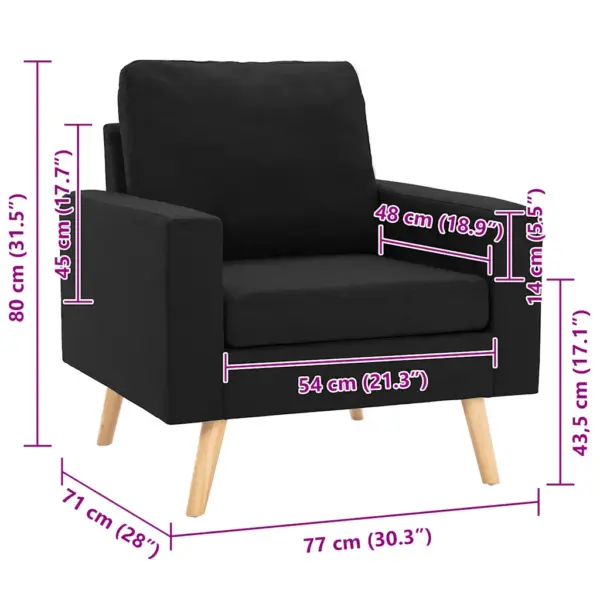 Must kangast tugitool padjade ja toekast männipuidust raamiga, 77 x 71 x 80 cm – 7