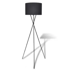 Must kolmjalgne põrandalamp kangaskupliga, jalalülitiga, 380 x 380 x 1390 mm
