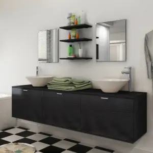 Kümneosaline vannitoamööbli komplekt kraanide ja valamitega, must, seinale kinnitatav valamukapp 180 x 45 x 45 cm