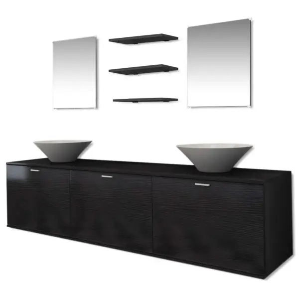 Kümneosaline vannitoamööbli komplekt kraanide ja valamitega, must, seinale kinnitatav valamukapp 180 x 45 x 45 cm – 3