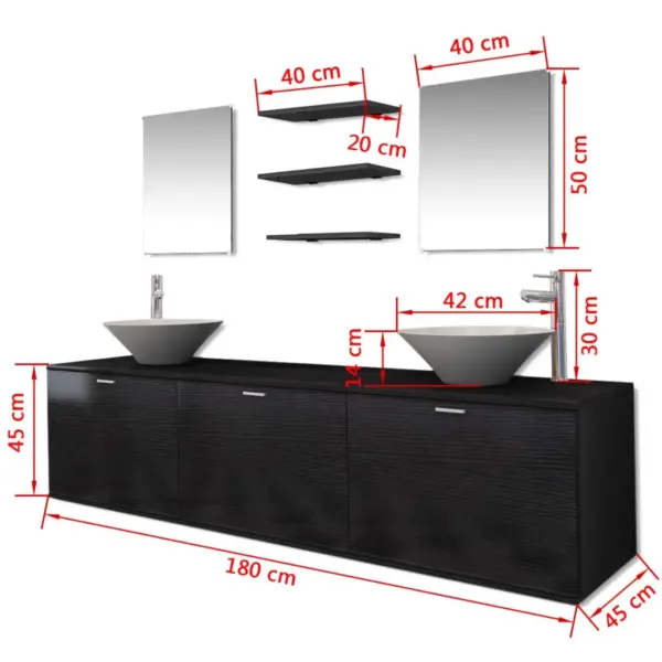 Kümneosaline vannitoamööbli komplekt kraanide ja valamitega, must, seinale kinnitatav valamukapp 180 x 45 x 45 cm – 10