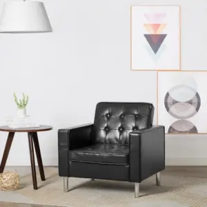 Must kunstnahast tugitool nööpkaunistustega, MDF-raam ja terasjalad, 75 x 70 x 75 cm