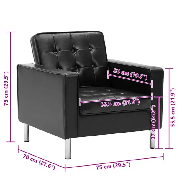 Must kunstnahast tugitool nööpkaunistustega, MDF-raam ja terasjalad, 75 x 70 x 75 cm – 8