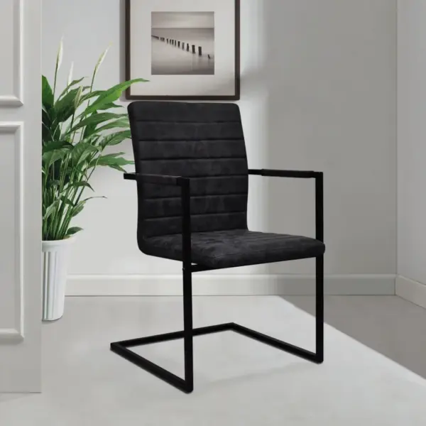 Mustad vetruvate jalgade ja käetugedega söögitoolid, kunstnahk, terasraam, 2 tk – 7