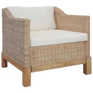 Naturaalsest rotangist tugitool patjadega, täismangopuidust raam, kreemvalged katted, 72 x 78 x 71 cm