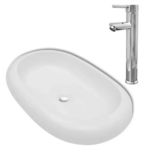 Ovaalne keraamiline vannitoa valamu kapi peale segistiga, valge, 630 x 420 x 120 mm – 2
