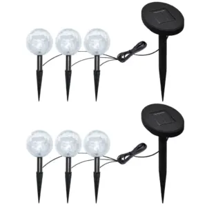 Päikesepaneeliga LED aialambid maavaiadega, 6 tk, külmvalge valgus, 9,5 cm valguspallid