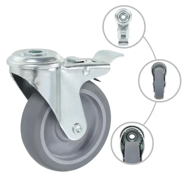 Hallid pööratavad mööblirattad poldiaukudega, piduritega, 12 tk, 100 mm TPR, M12 – 2