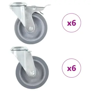 Pööratavad poldiaukudega mööblirattad piduritega, 12 tk, hall TPR, 100 mm, M12