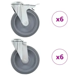 Pööratavad hallid mööblirattad poldiaukudega, 12 tk, 125 mm, 6 piduriga