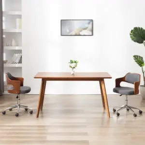 Pöörlev söögitool ratastega, hall kangas ja painutatud puit, 47,5 x 53 x (68–76) cm