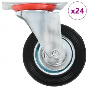 24 tk pöörlevad kummirattad plaadiga, must, 100 mm, 70 kg