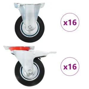 Pöörlevad kummirattad tsingitud rauast raamiga, 100 mm, must, 32 tk (16 piduriga)