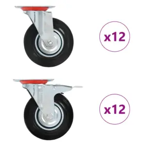 24-osaline pöörlevate kummirataste komplekt, 125 mm, must, 12 piduriga, kandevõime 100 kg