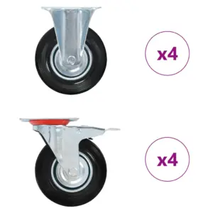 Pöörlevad kummirattad kinnitusplaadiga, 8 tk, 125 mm, must, 100 kg