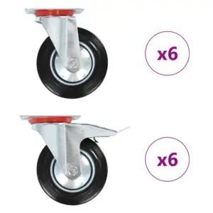 Pöörlevad kummirattad mööblile, 12 tk (6 topeltpiduriga), must, 160 mm