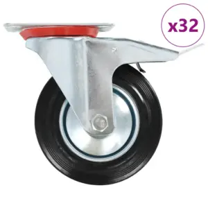 Pöörlevad kummirattad, 32 tk, pooled piduritega, must, 160 mm, 150 kg