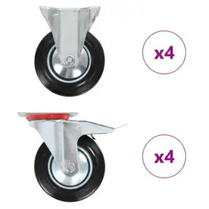 Pöörlevad kummist mööblirattad, 8 tk, must, 160 mm, 4 piduriga