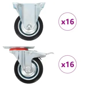 Pöörlevad kummirattad mööblile ja seadmetele, 32 tk, must, 75 mm, piduritega ja pidurita