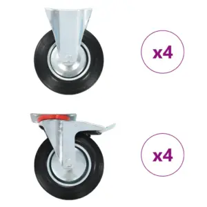 Pöörlevad kummirattad mööblile, 8 tk, must, 200 mm, 4 piduriga
