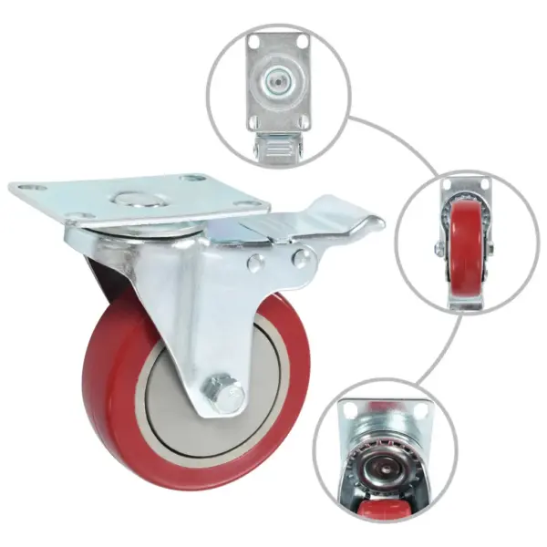 Pöörlevad mööblirattad piduritega, 12 tk, 100 mm, punane PP, kandevõime 80 kg – 2
