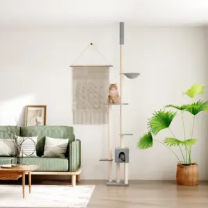 Põrandast laeni kassi kraapimispuu majakese ja pesaga, helehall, 34,5 x 34,5 x 258,5–284,5 cm
