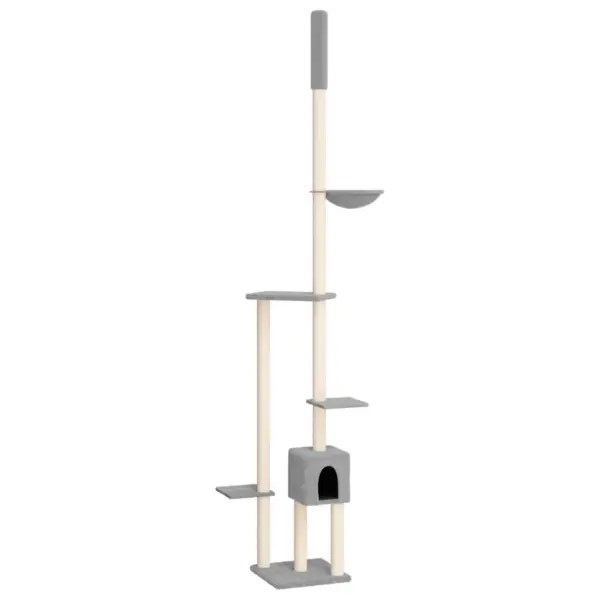 Põrandast laeni kassi kraapimispuu majakese ja pesaga, helehall, 34,5 x 34,5 x 258,5–284,5 cm – 2