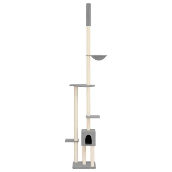Põrandast laeni kassi kraapimispuu majakese ja pesaga, helehall, 34,5 x 34,5 x 258,5–284,5 cm – 3