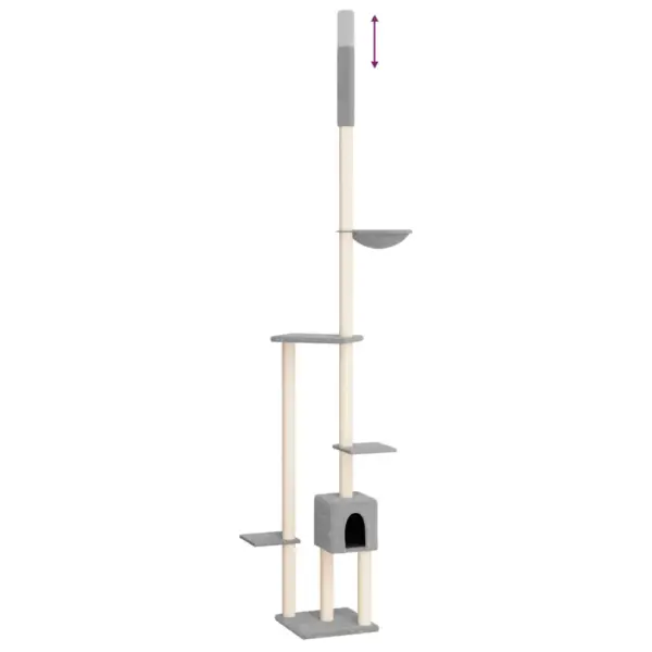 Põrandast laeni kassi kraapimispuu majakese ja pesaga, helehall, 34,5 x 34,5 x 258,5–284,5 cm – 6