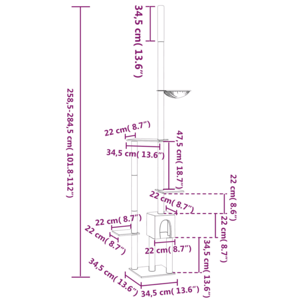 Põrandast laeni kassi kraapimispuu majakese ja pesaga, helehall, 34,5 x 34,5 x 258,5–284,5 cm – 9