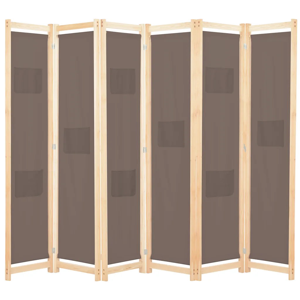 6 paneeliga pruun kangasirm taskutega, kuusepuidust raam, 240 x 170 cm