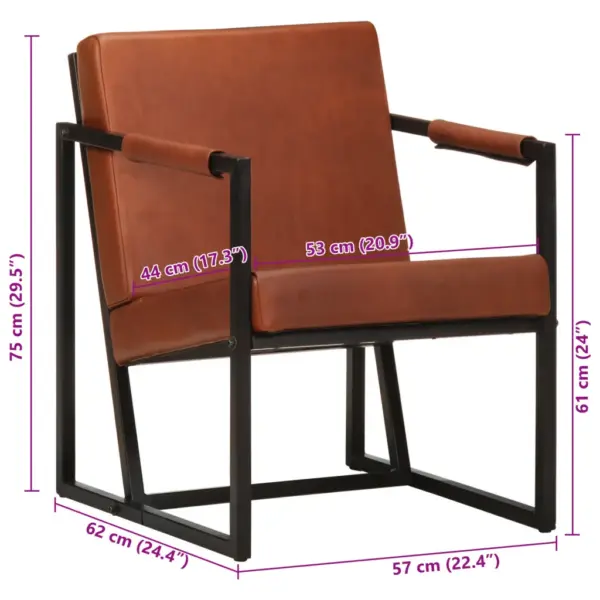 Pruun ehtsast nahast tugitool pulbervärvitud terasraamiga, 55 x 62 x 75 cm – 9