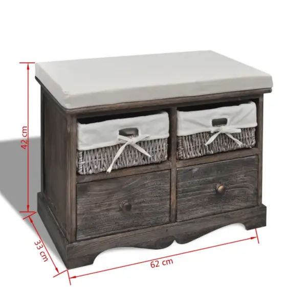 2 korvi ja 2 sahtliga hoiupink istmepadjaga, pruun, paulowniapuidust, 62 x 33 x 42 cm – 7