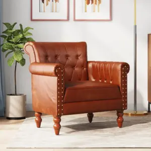 Pruun ehtsast kitsenahast tugitool mangopuidust jalgadega, 77 x 63 x 76 cm