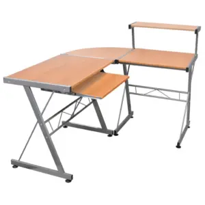L-kujuline arvutilaud klaviatuurriiuliga, pruun, tehispuit ja pulbervärvitud teras, 132 x 112 x 99 cm