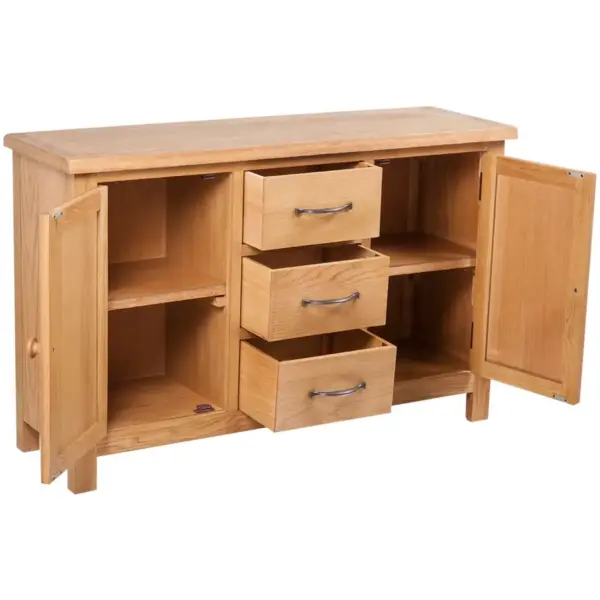 Pruun tammepuidust puhvetkapp 3 sahtli ja 2 uksega, 110 x 33,5 x 70 cm – 3