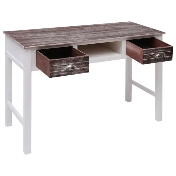 Puidust kirjutuslaud kahe sahtli ja avatud sektsiooniga, pruun-valge, paulownia- ja paplipuit, 110 x 45 x 76 cm – 2