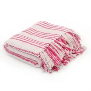Puuvillane triibuline pleed tuttidega, roosa-valge, 125 x 150 cm