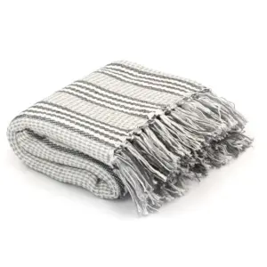 Puuvillane triibuline pleed tuttidega, hall ja valge, 160 x 210 cm